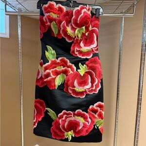 Jovani Black Strapless Dress with Red Floral Appliqué